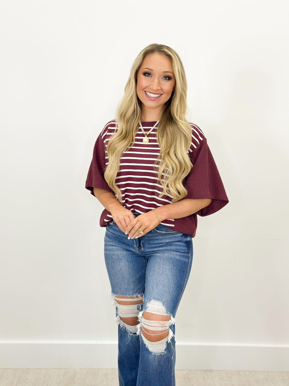 Tres Bien Cloudy Knit Stripe Color Block Top