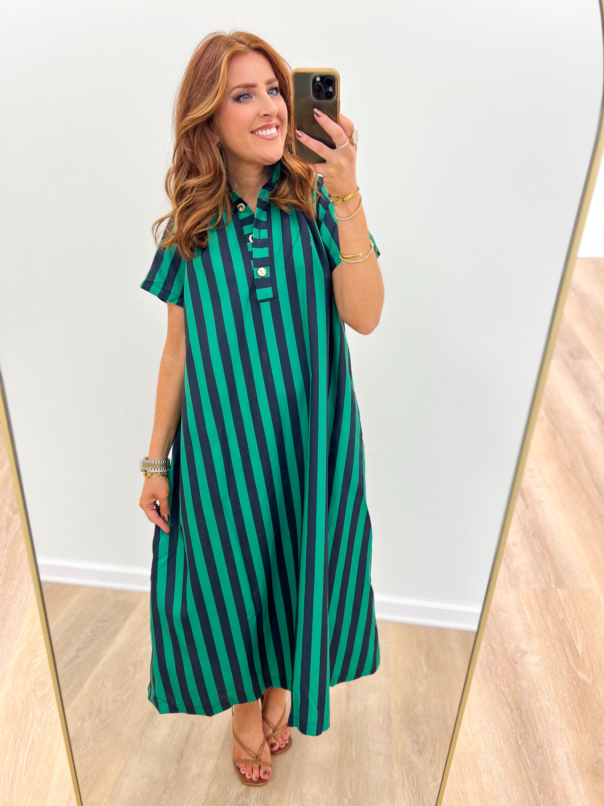 Teal striped midi dress with high neck, button placket, and short sleeves