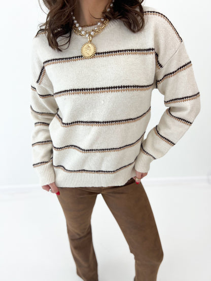 Oatmeal knit stripe sweater with crew neck, long sleeves, ribbed trim