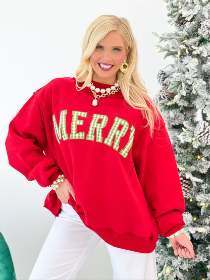 Red mock-neck Christmas sweatshirt with green-and-white embroidered MERRY lettering