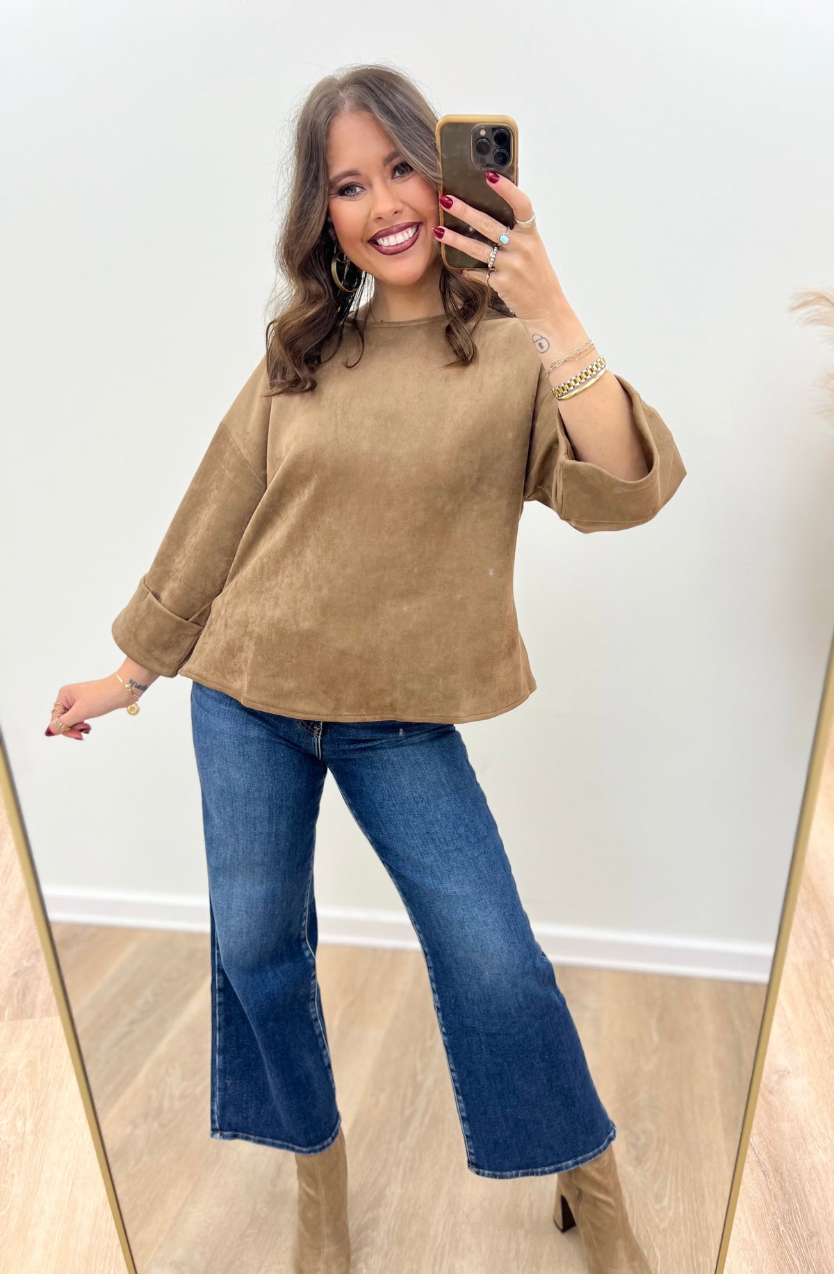 Mocha suede-look blouse with loose fit, wide sleeves, and rounded neckline