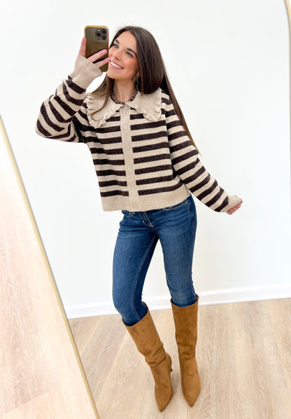 Oatmeal and black striped sweater cardigan with ruffled collar, button-front, long sleeves