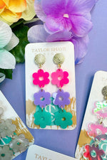 Triple Flower Pastel Drop Earrings