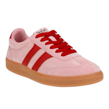 Pink suede low-top sneakers with red laces, red/white stripes, gum rubber sole