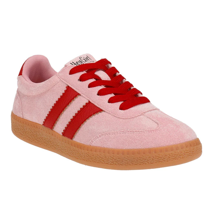 Pink suede low-top sneaker with red lace-up, red/white stripes, gum outsole
