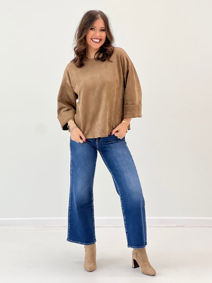 Mocha suede-look blouse, hip-length with wide cuffed sleeves and rounded neckline