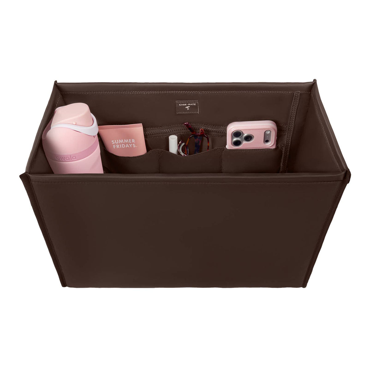 Espresso tote organizer with open top and inner dividers for phone and small items