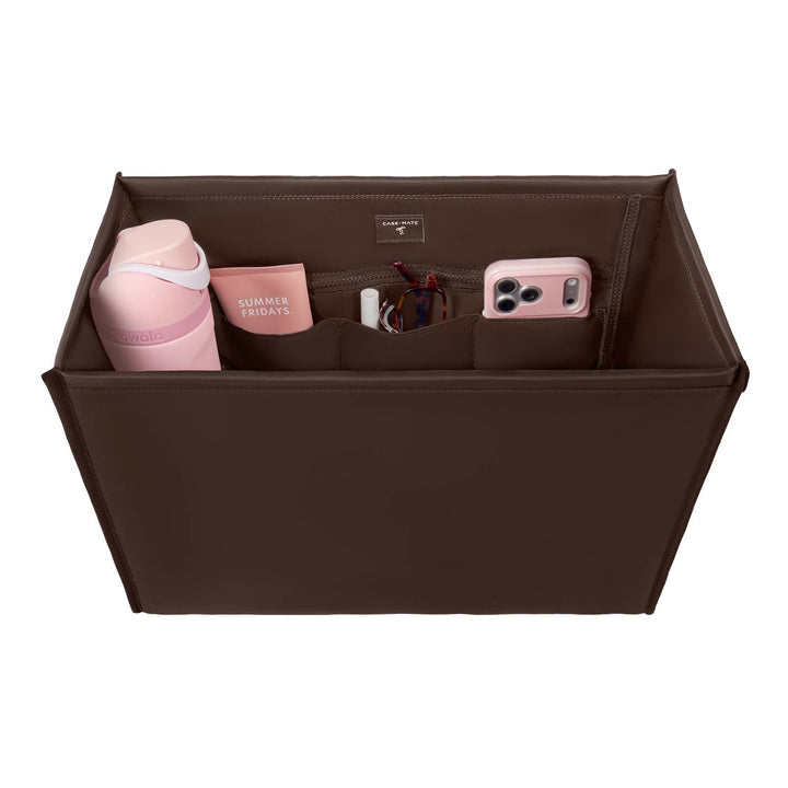 Espresso tote organizer with open top and inner dividers for phone and small items