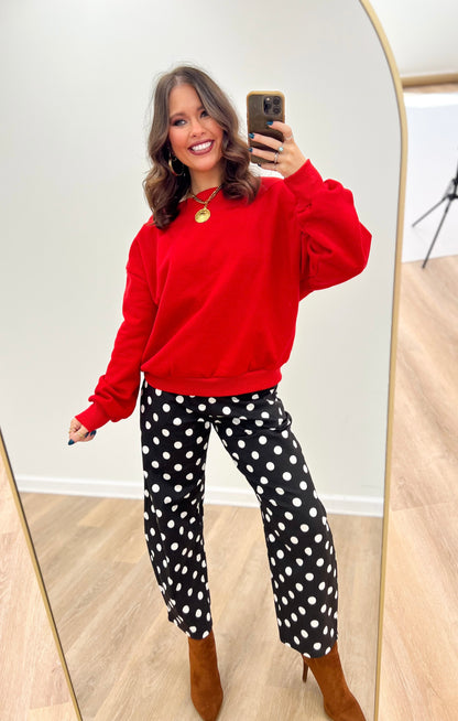 Red off-shoulder sweatshirt with relaxed fit and long sleeves