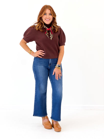 Mock neck short-sleeve sweater with scarf, deep brown knit top with leopard print neck tie