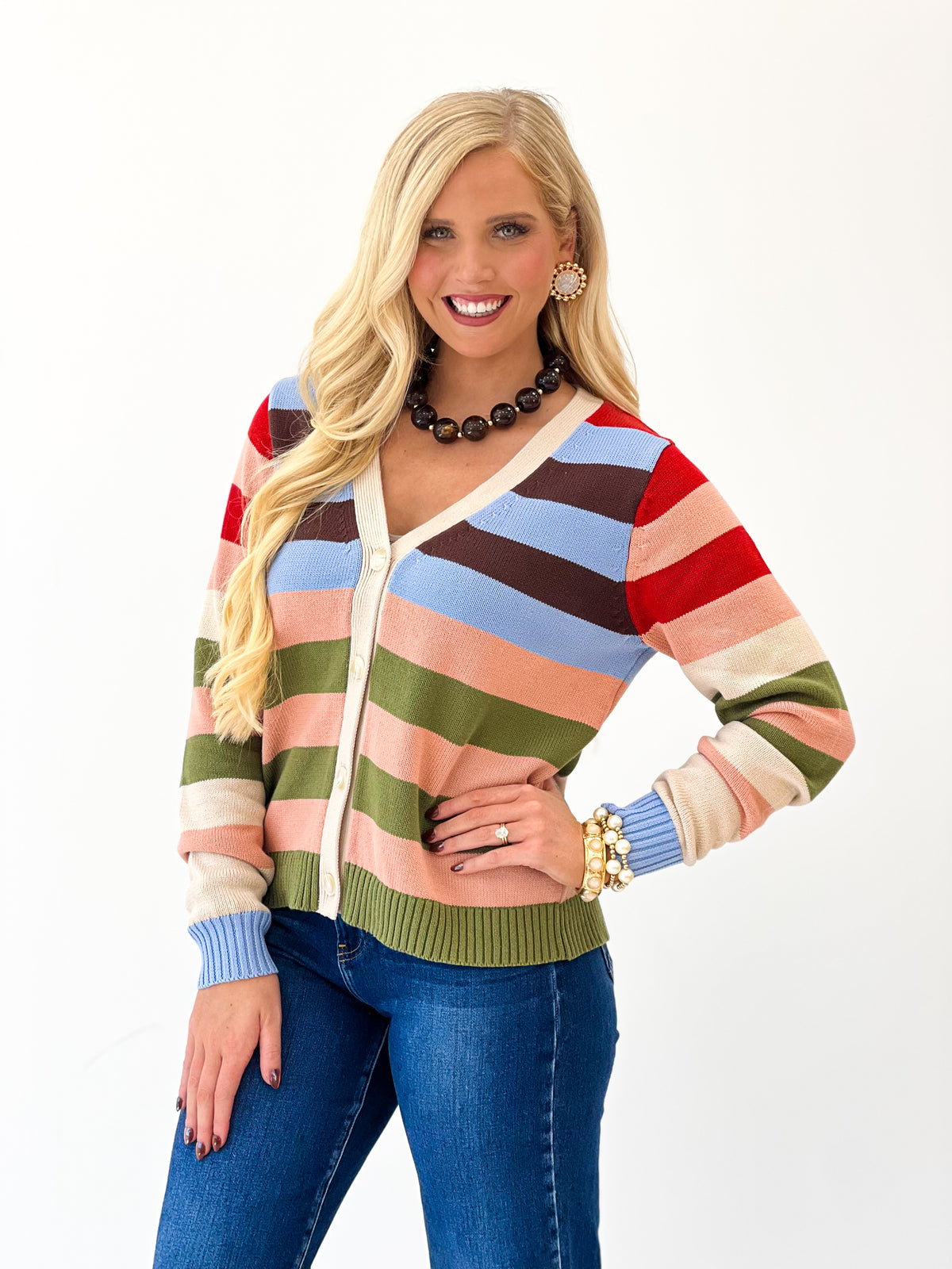 Striped v-neck cardigan with button-front, long sleeves, ribbed cuffs; beige multi stripes