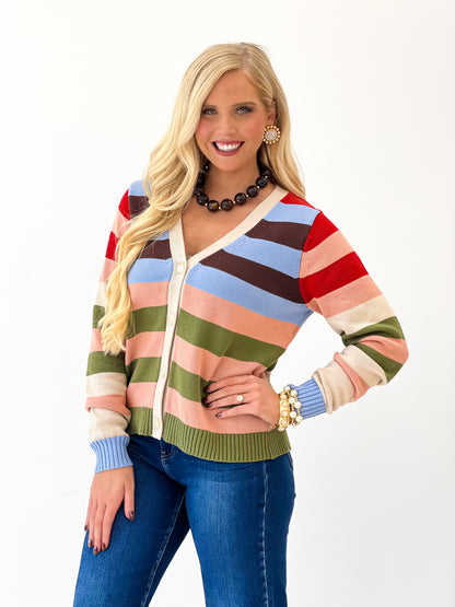 Striped v-neck cardigan with button-front, long sleeves, ribbed cuffs; beige multi stripes