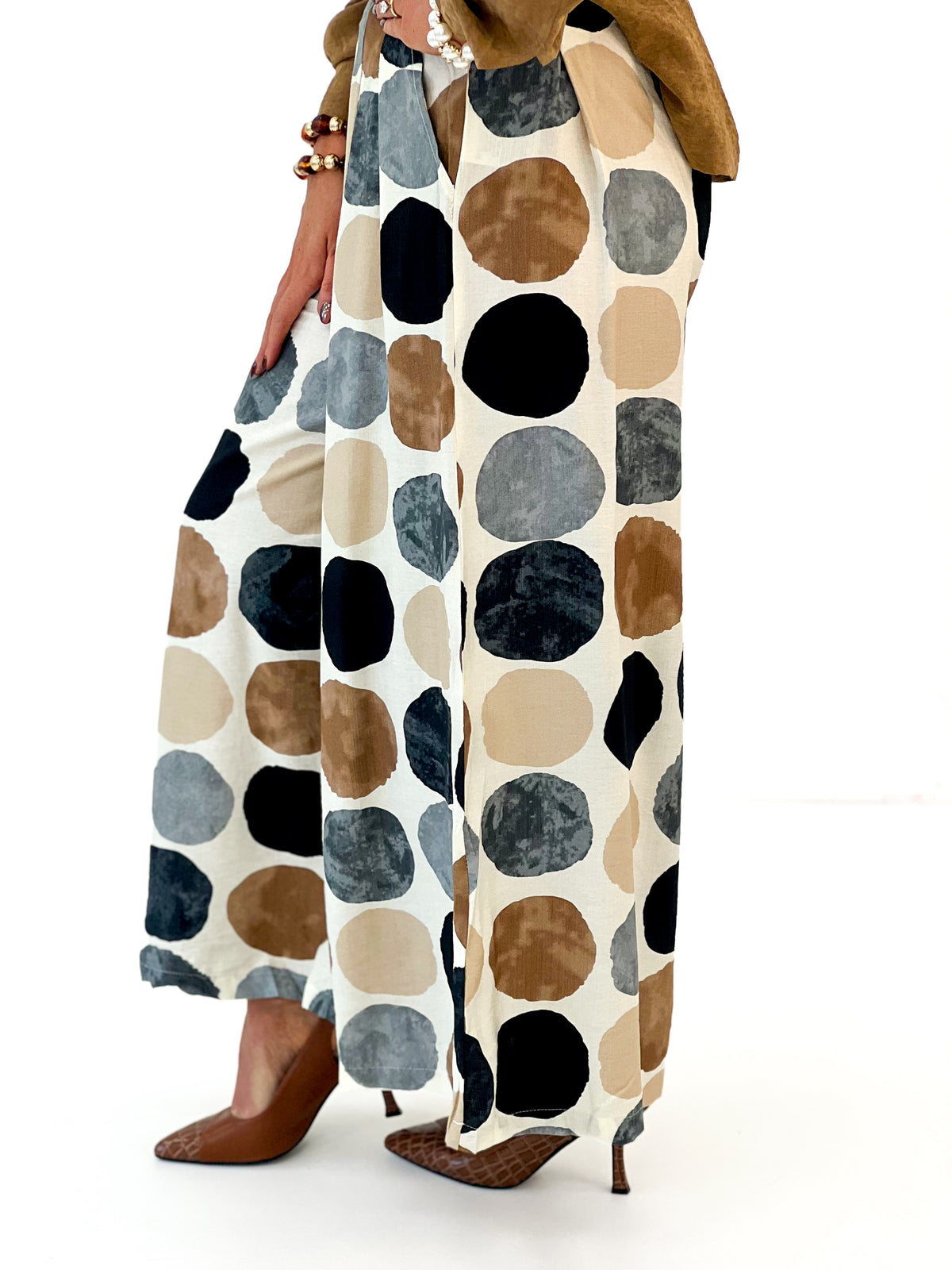 Wide-leg dot print pants in cream with multicolor oversized circles