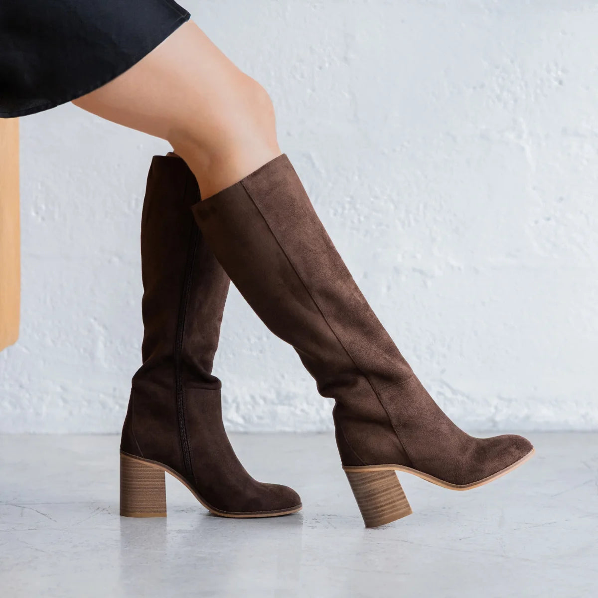 Chocolate suede knee-high boots with stacked block heel and almond toe