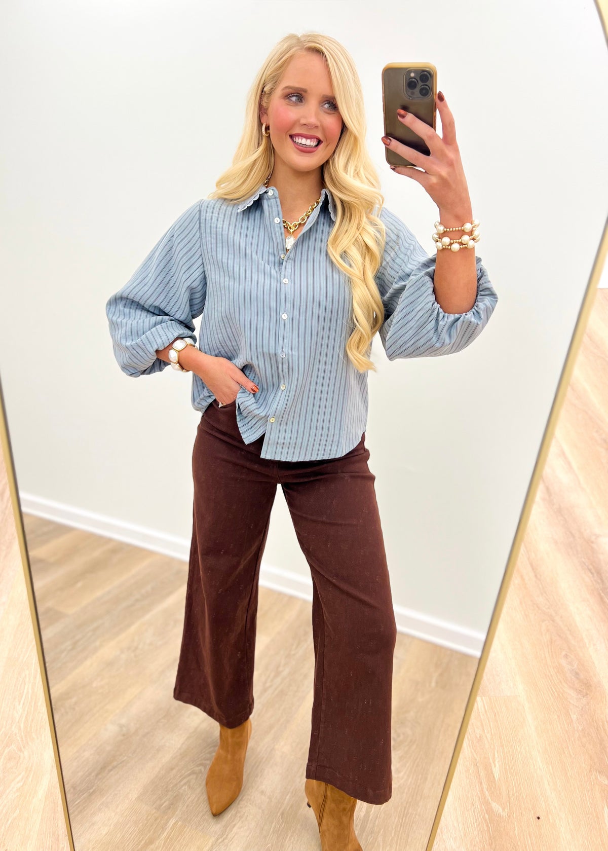 Jodifl Scallop Collar Stripe Button Down Shirt