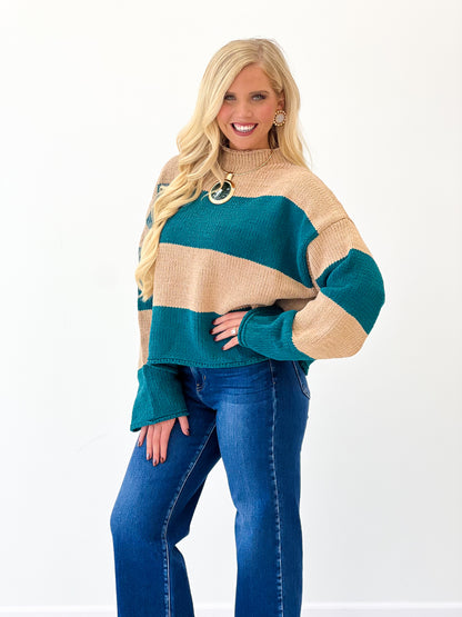 Sand and teal striped chenille mock neck sweater, long sleeves and ribbed cuffs