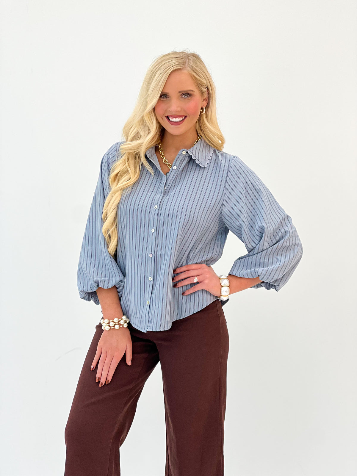 Jodifl Scallop Collar Stripe Button Down Shirt