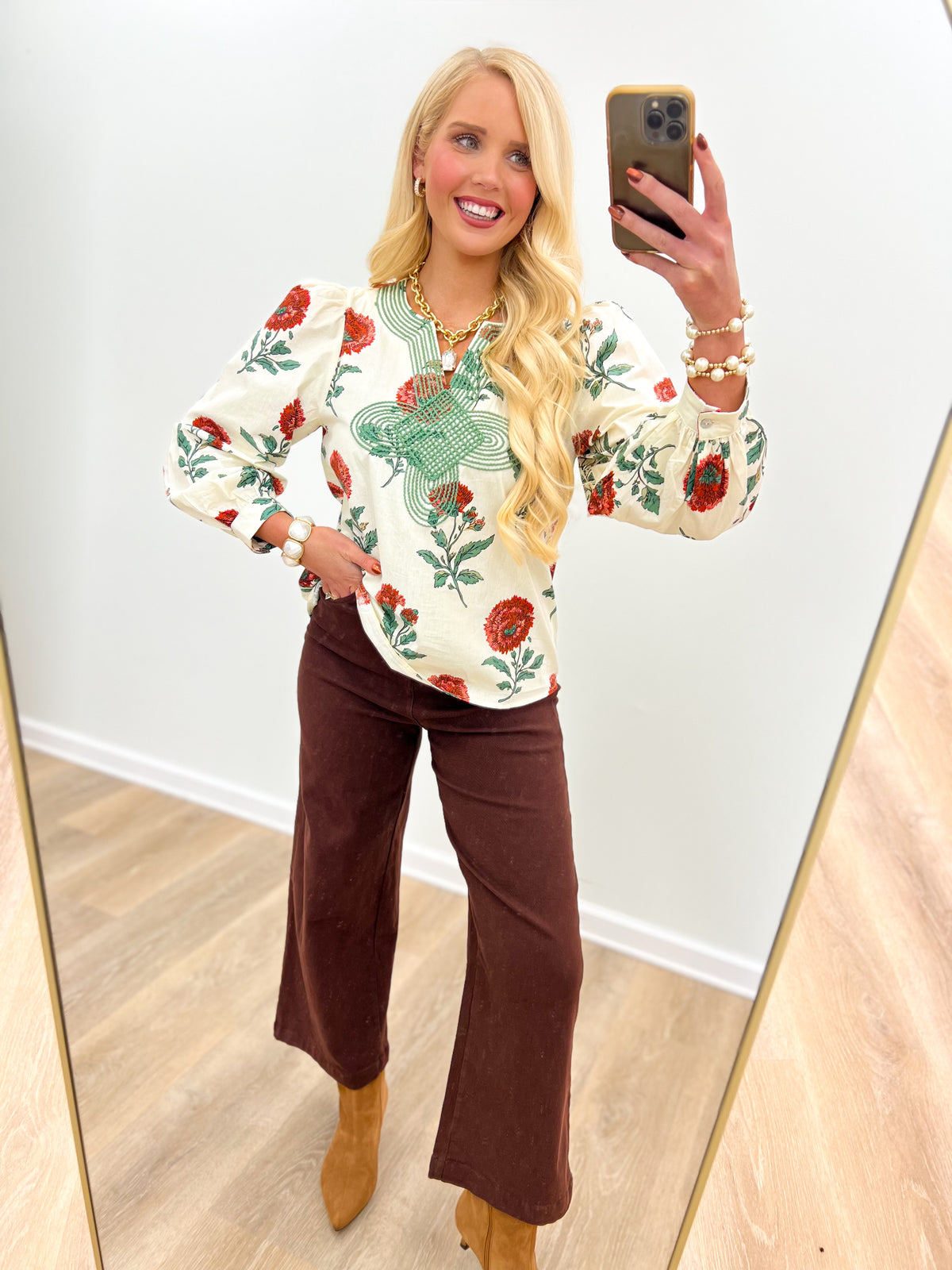 Jodifl Floral Embroidered Notched V-Neck Top