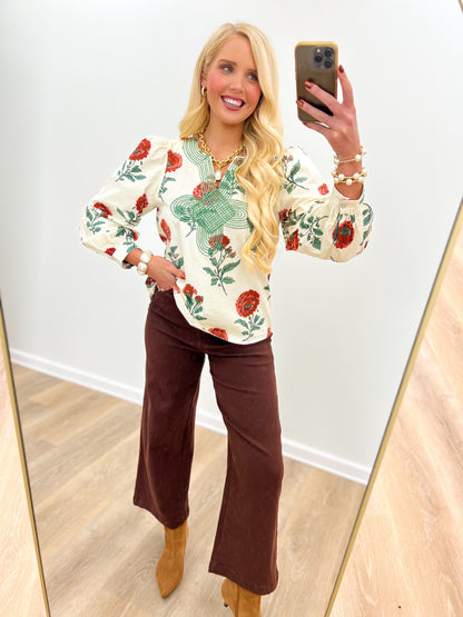 Jodifl Floral Embroidered Notched V-Neck Top