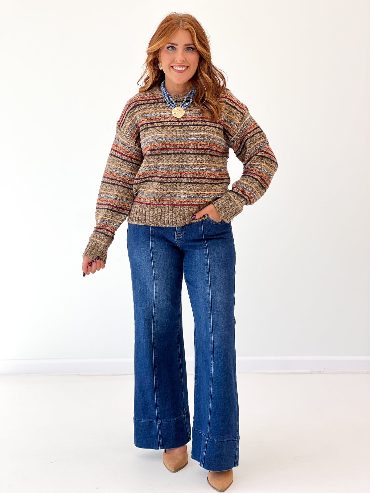 Multicolor striped brushed knit sweater, crewneck, long sleeves, ribbed cuffs and hem