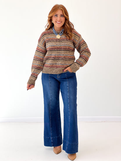 Multicolor striped brushed knit sweater, crewneck, long sleeves, ribbed cuffs and hem