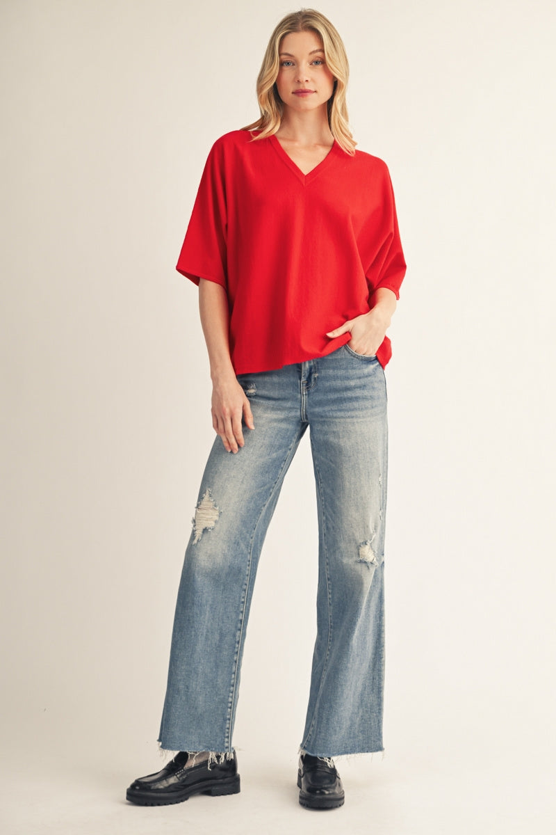 Jodifl Knit V-Neck Short Sleeve Sweater Top in Red, full length