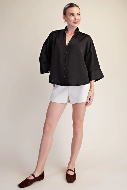 Glam V-Neck Metal Button Down Shirt - Black detail