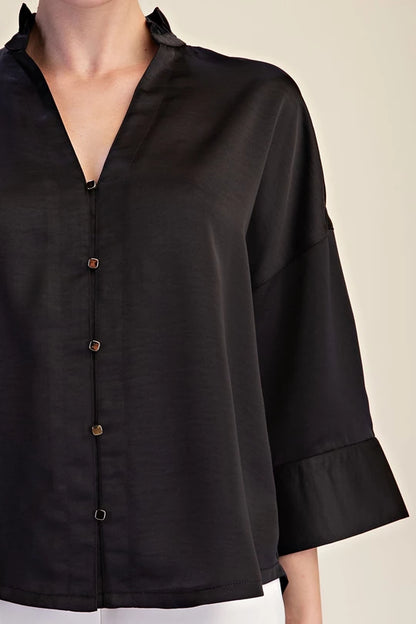 Glam V-Neck Metal Button Down Shirt - Black detail