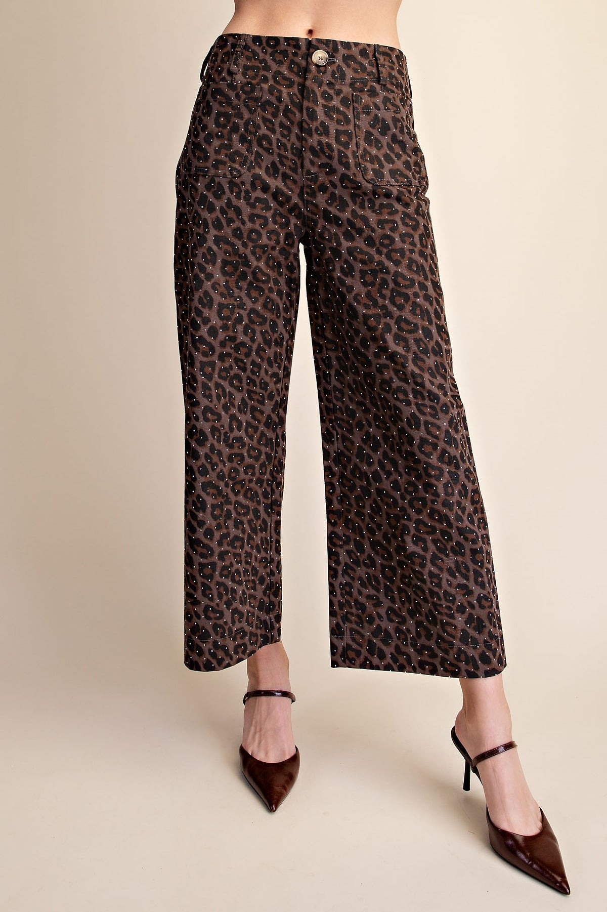 Glam Leopard Colette Cropped Rhinestone Pants in Mocha