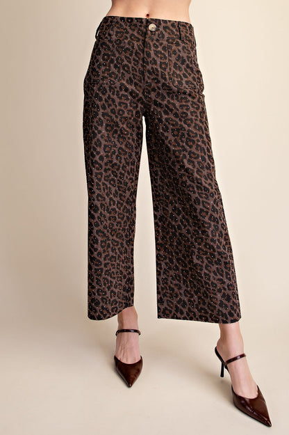 Glam Leopard Colette Cropped Rhinestone Pants in Mocha