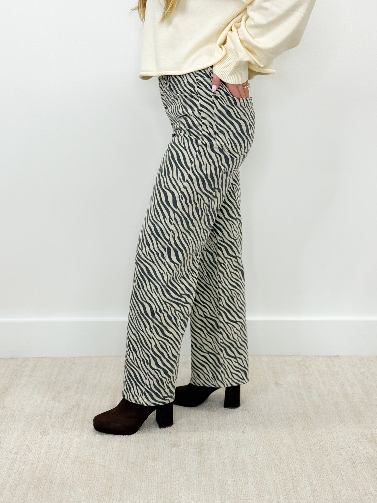 Zebra-print high-rise straight-leg jeans, full-length with dark hem