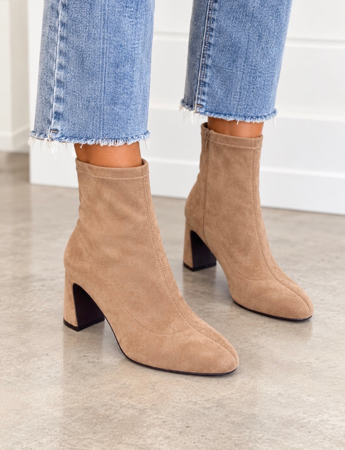 Taupe suede ankle booties with block heel and pull-on shaft