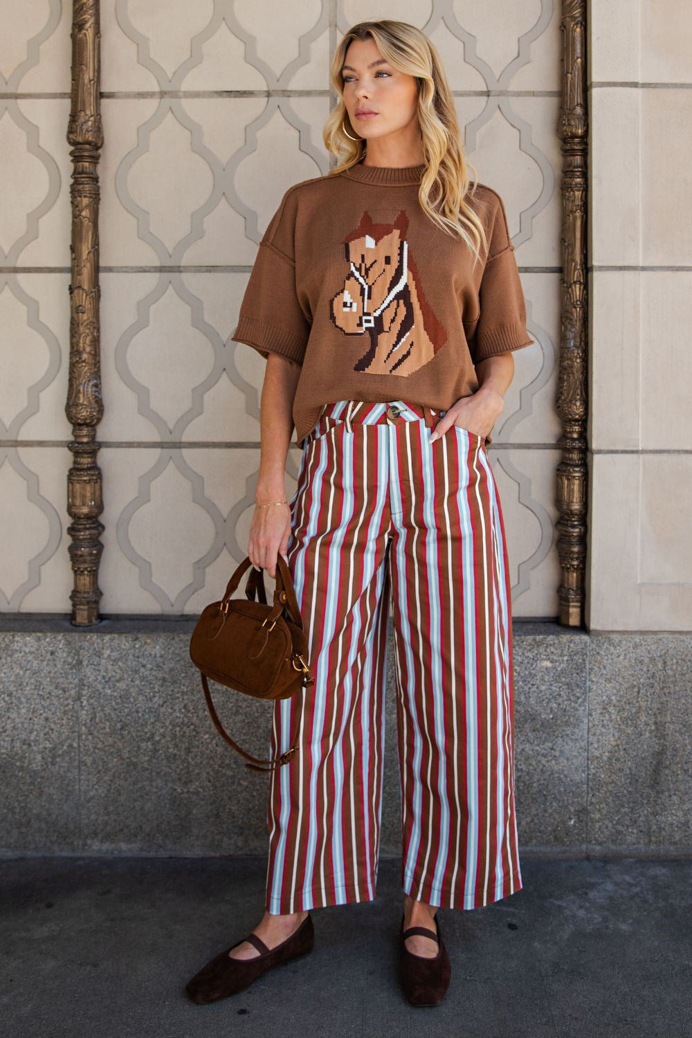 Glam Barrel Leg Stripe Casual High Waist Pants in Camel/Blue stripe, styled