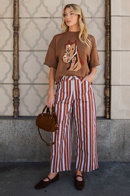 Glam Barrel Leg Stripe Casual High Waist Pants in Camel/Blue stripe, styled