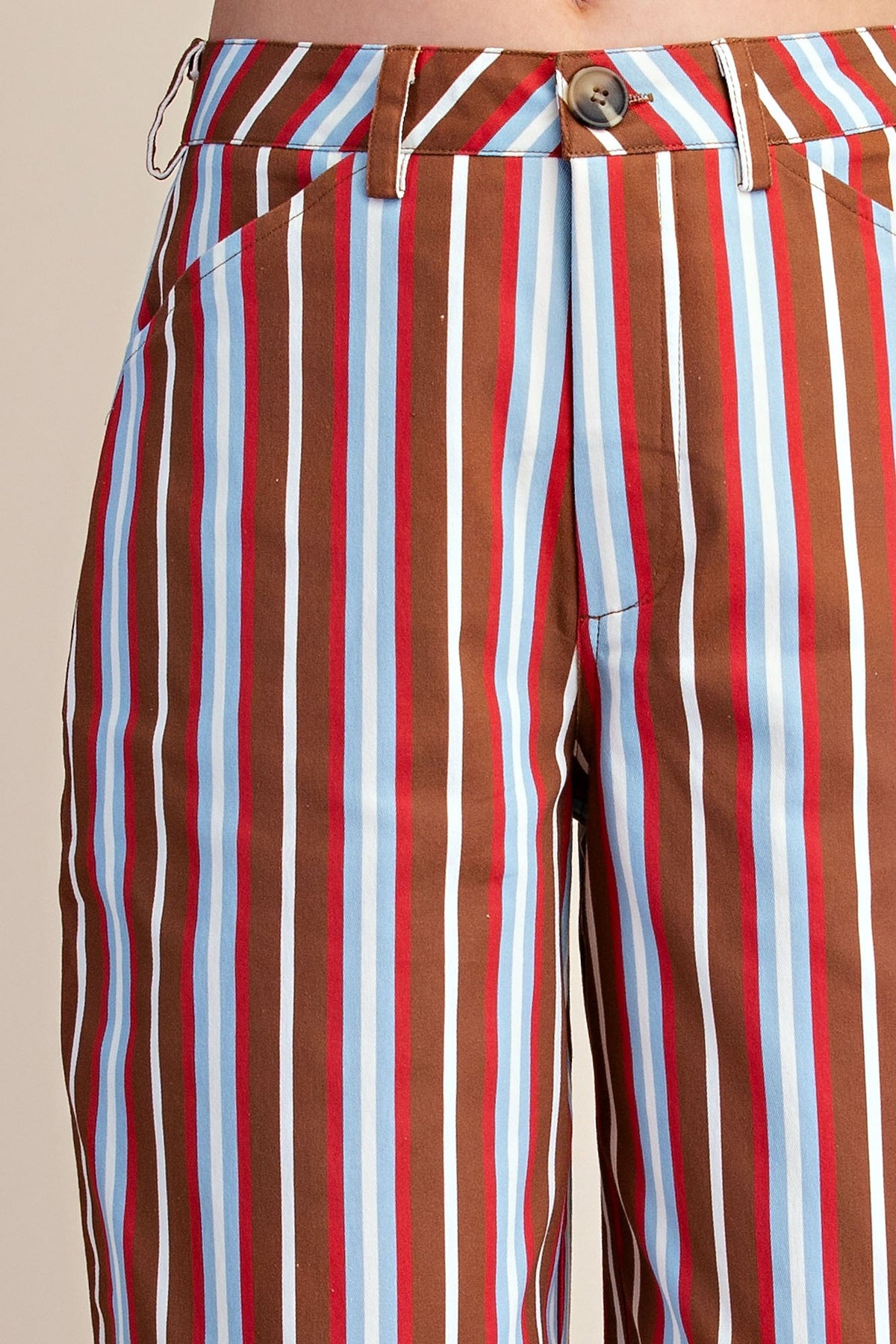 Glam Barrel Leg Stripe Casual High Waist Pants in Camel/Blue stripe, waist detail