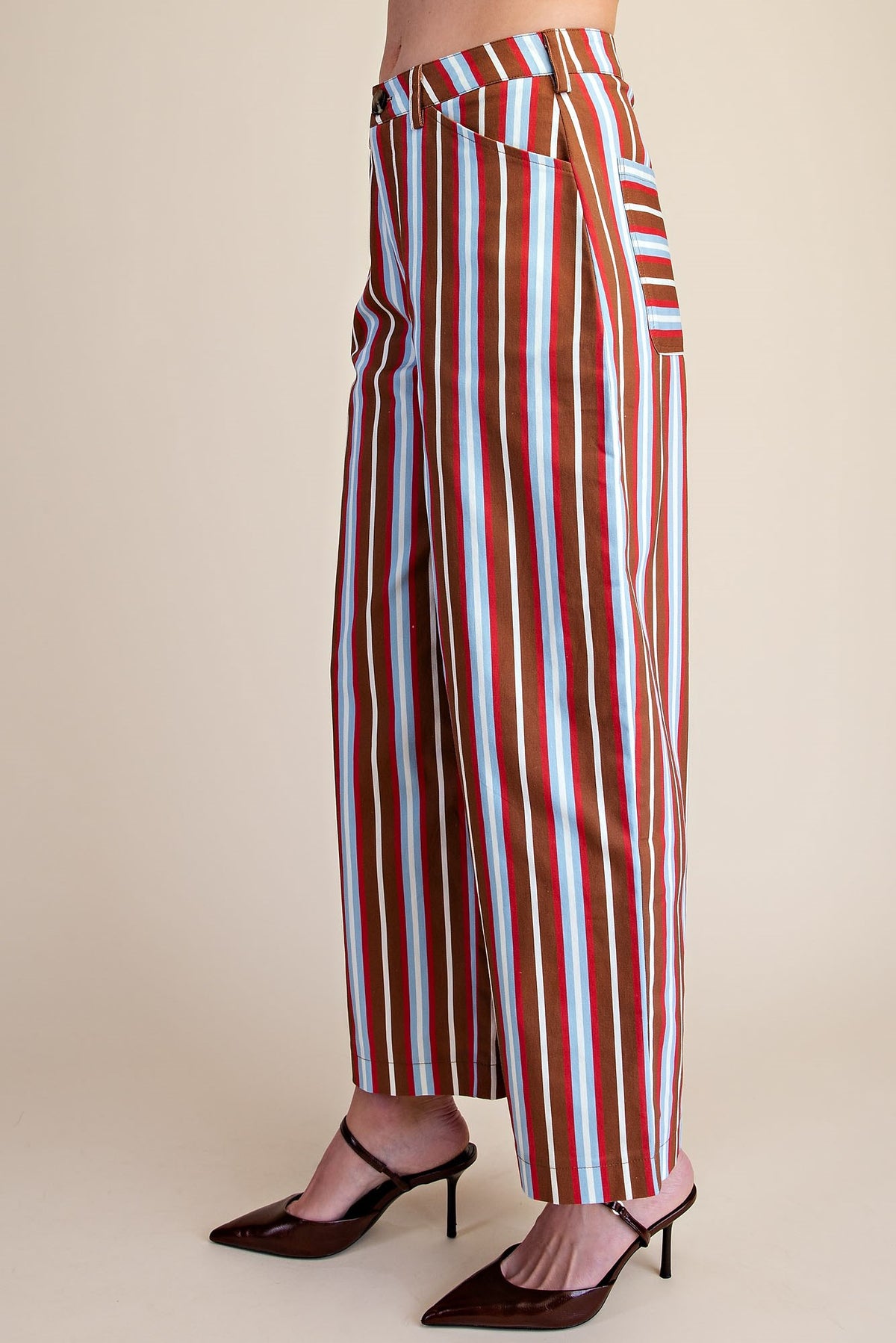 Glam Barrel Leg Stripe Casual High Waist Pants in Camel/Blue stripe, side