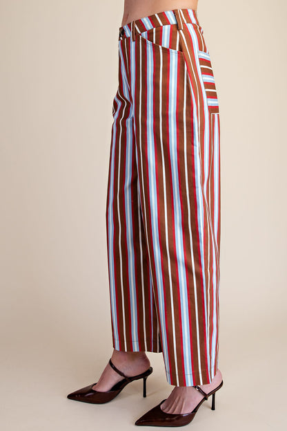 Glam Barrel Leg Stripe Casual High Waist Pants in Camel/Blue stripe, side