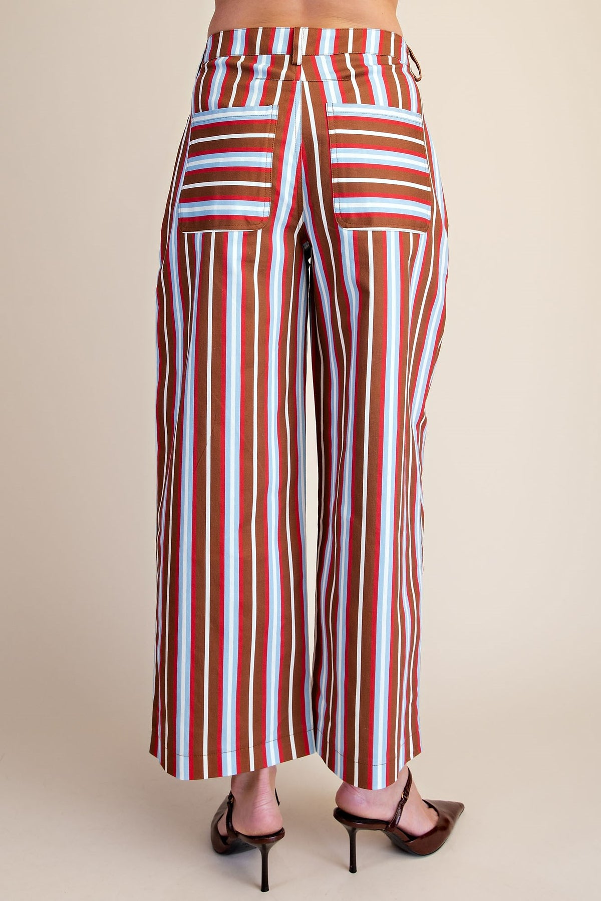 Glam Barrel Leg Stripe Casual High Waist Pants in Camel/Blue stripe, front