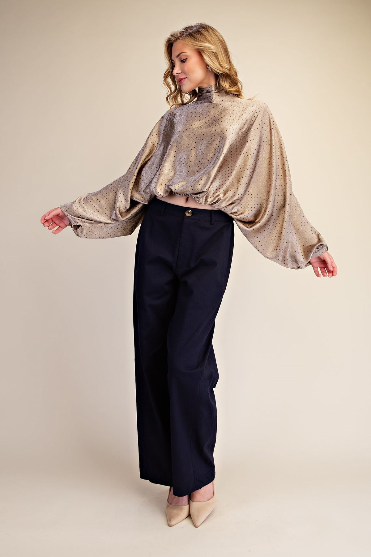 Glam High Neck Adjustable Tie Wide Long Sleeve Blouse in Taupe