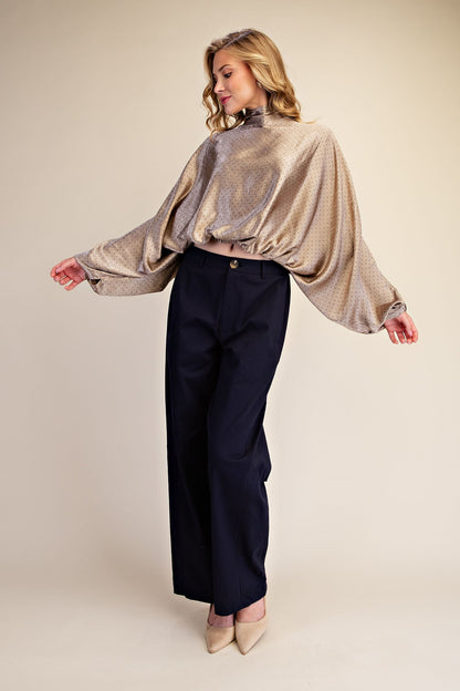 Glam High Neck Adjustable Tie Wide Long Sleeve Blouse in Taupe