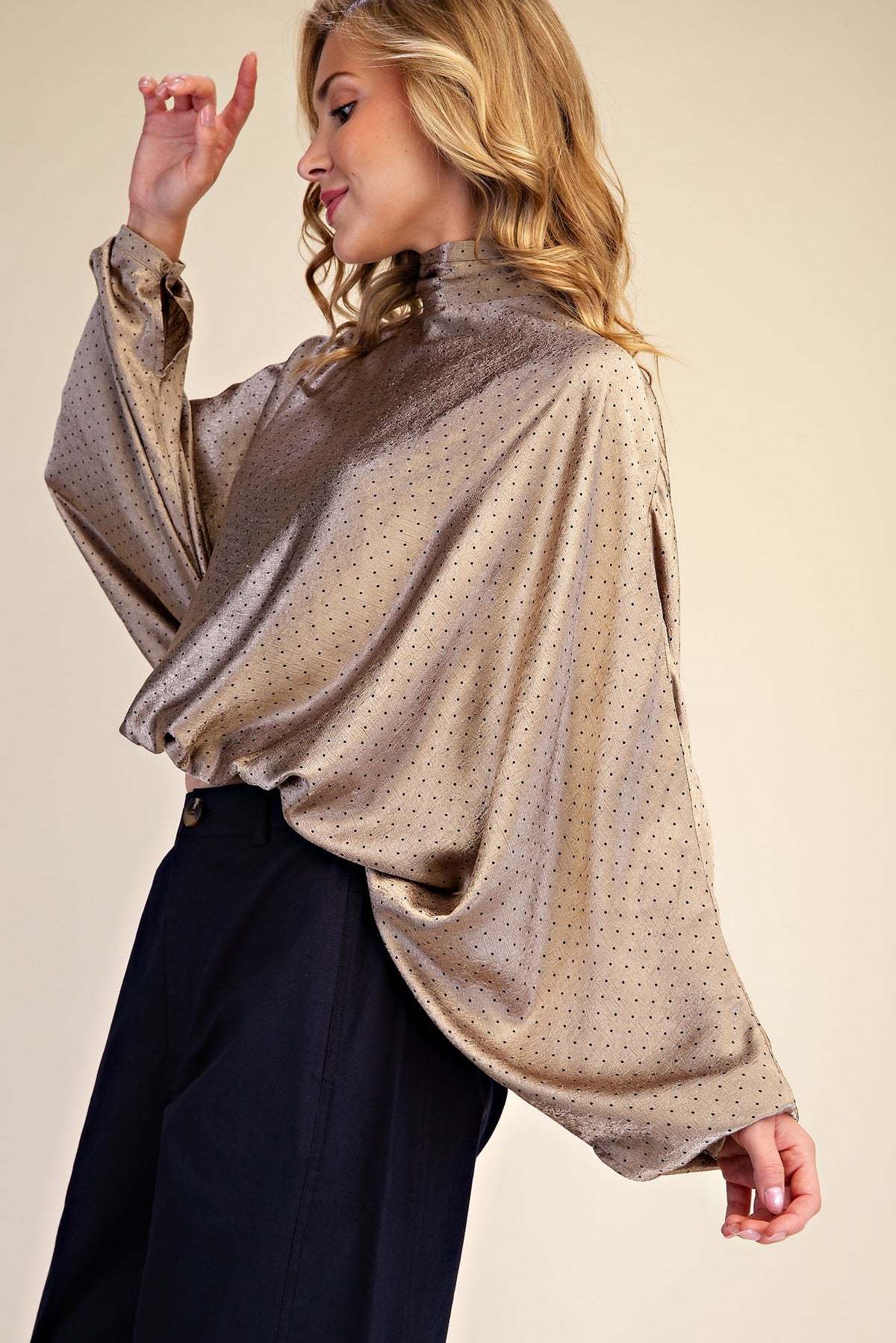 Glam High Neck Adjustable Tie Wide Long Sleeve Blouse in Taupe