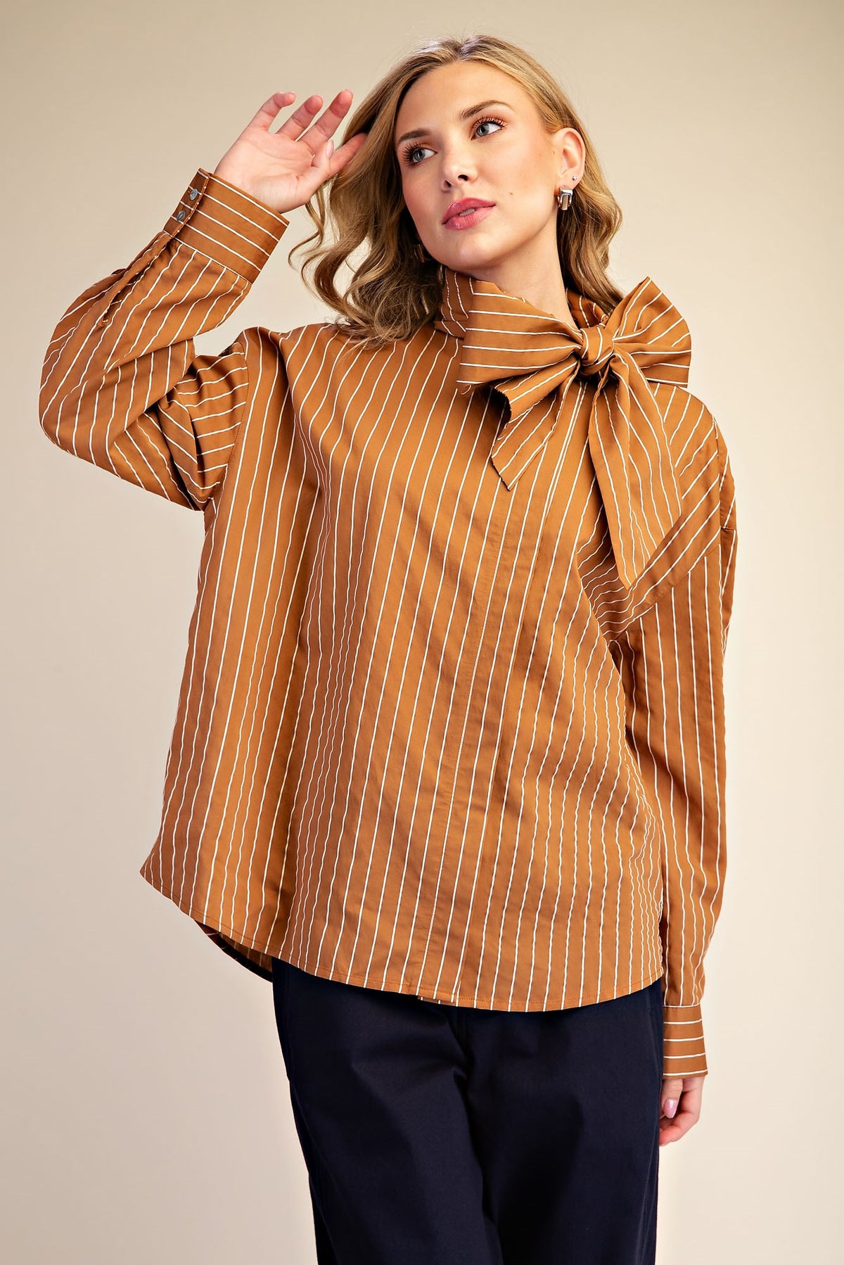 Glam High Neck Tie Detail Long Sleeve Shirt in Camel