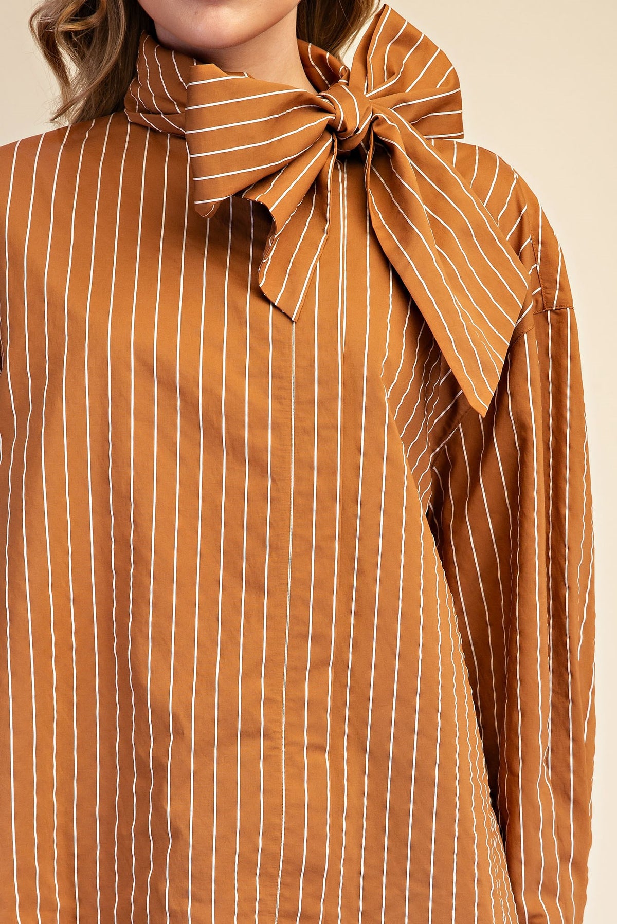 Glam High Neck Tie Detail Long Sleeve Shirt in Camel
