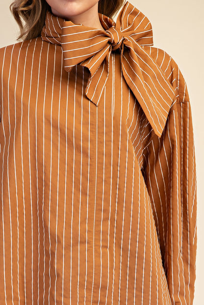Glam High Neck Tie Detail Long Sleeve Shirt in Camel