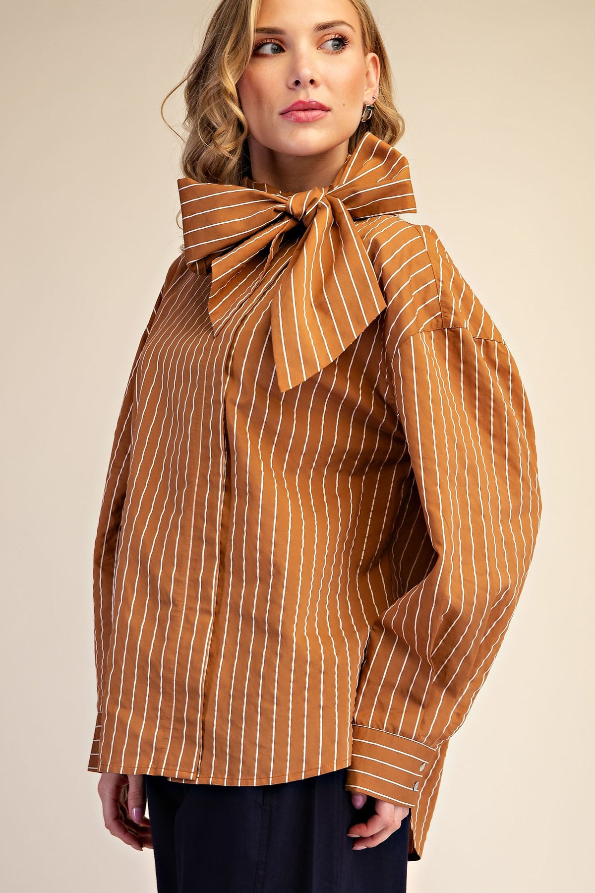 Glam High Neck Tie Detail Long Sleeve Shirt in Camel