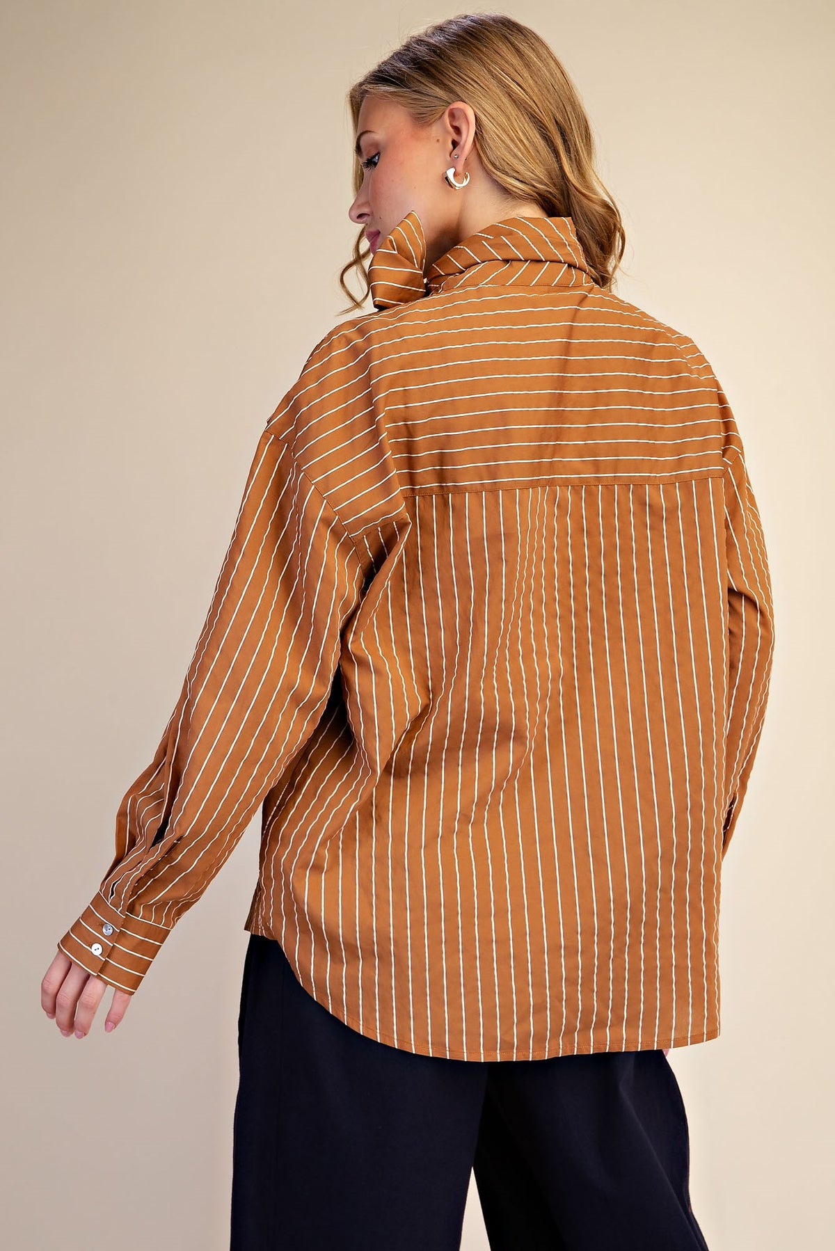 Glam High Neck Tie Detail Long Sleeve Shirt in Camel