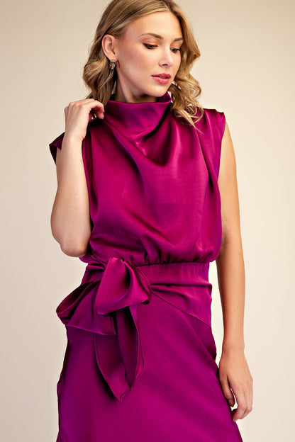 Glam Mock Neck Sleeveless Waist Tie Midi Dress in Plum