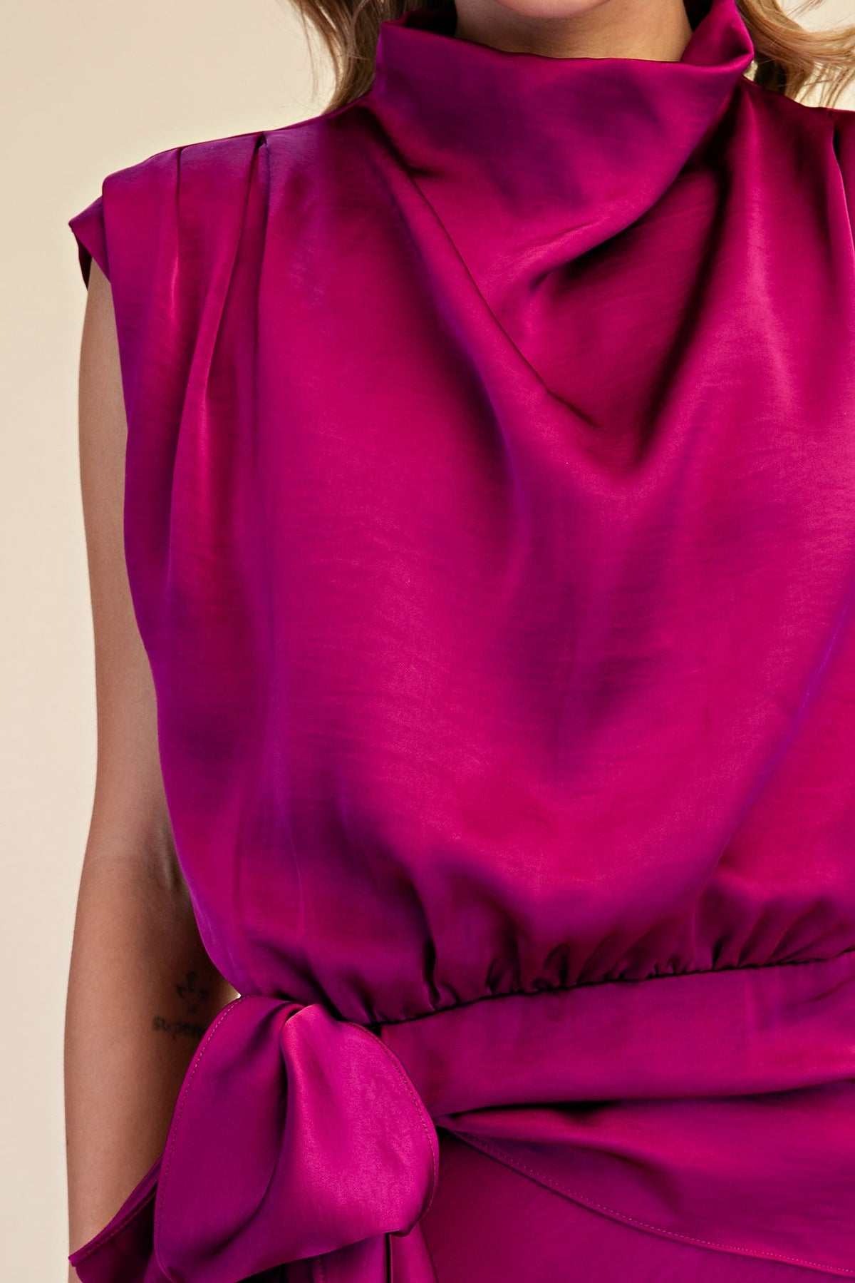 Glam Mock Neck Sleeveless Waist Tie Midi Dress in Plum