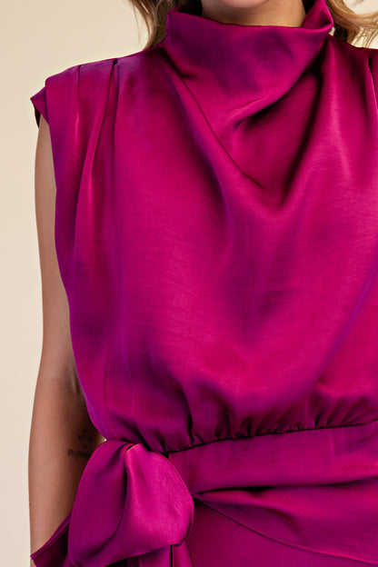 Glam Mock Neck Sleeveless Waist Tie Midi Dress in Plum