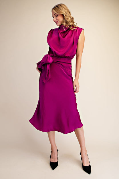 Glam Mock Neck Sleeveless Waist Tie Midi Dress in Plum